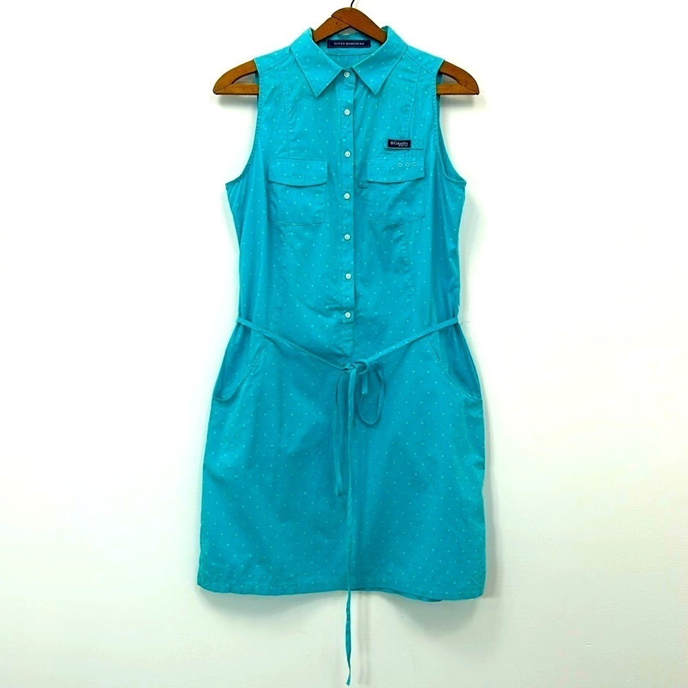 Columbia PFG Teal Cotton Polka Dot Dress Size Small Summer Golf Travel Active